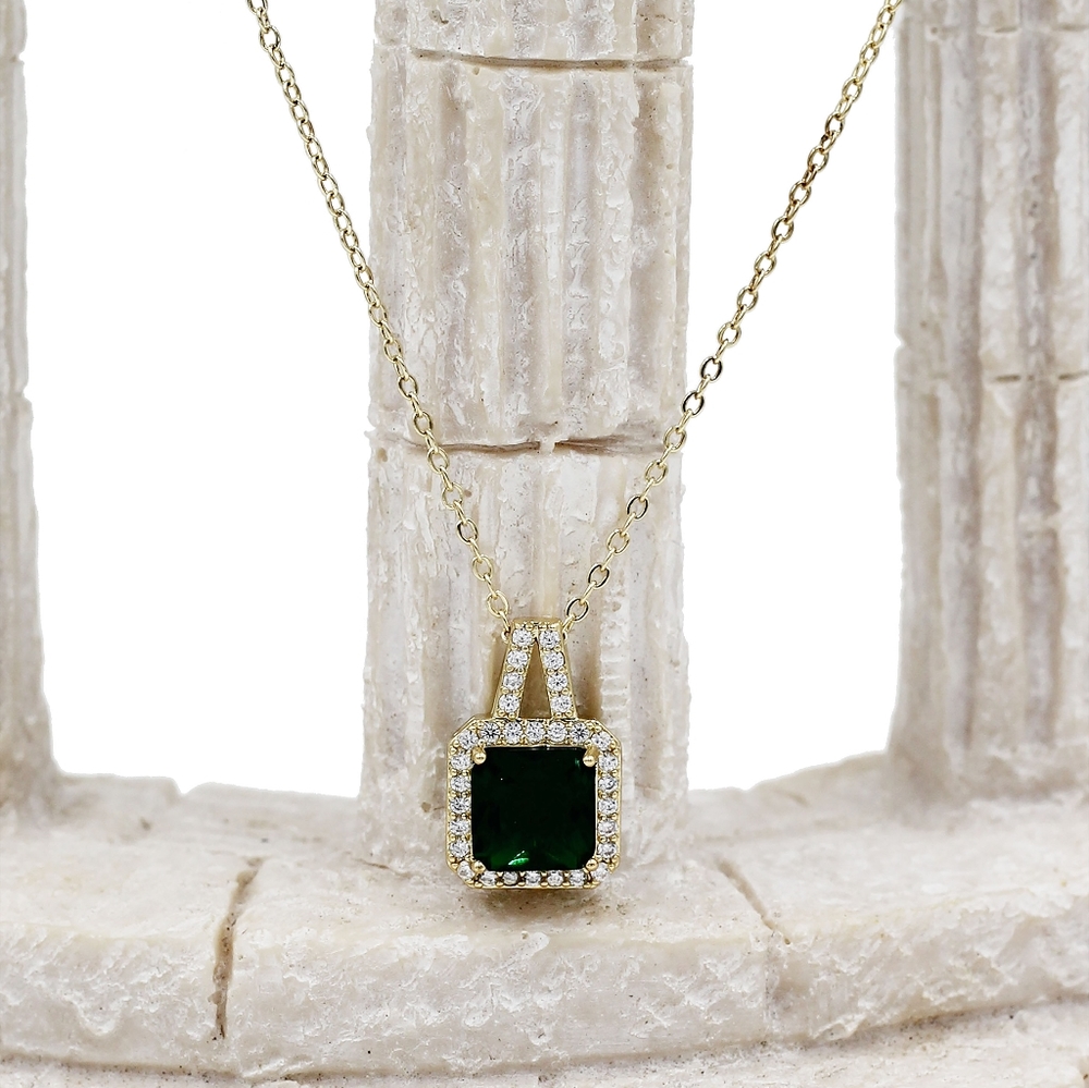 925 gold green elegant square crystal pendant gold necklace
